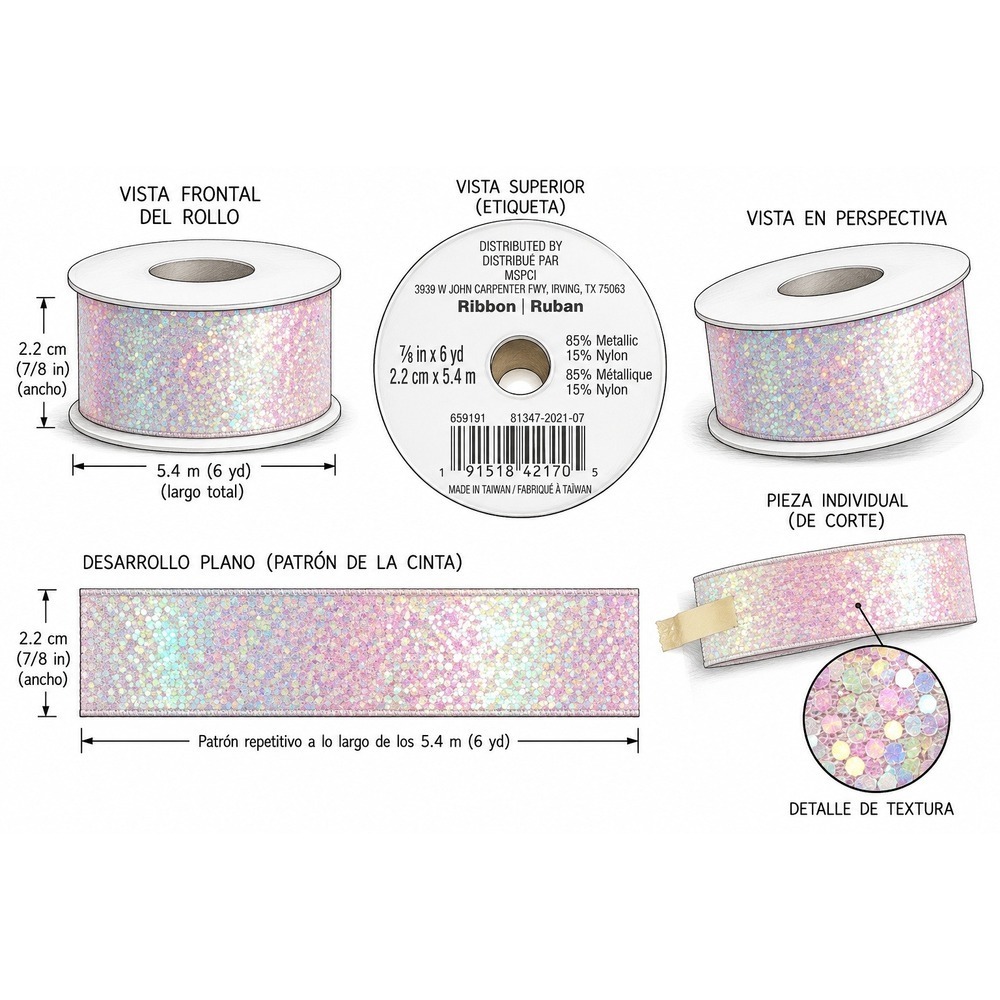 MSPCI Iridescent Glitter Ribbon 7/8 Inch x 6 Yards Pink White Holographic 659191